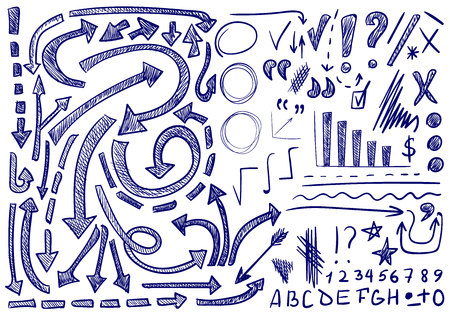 VECTOR set of hand-sketched icons. Elements for text correction or planning. Blue color.のイラスト素材