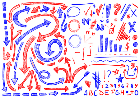 VECTOR set of hand-sketched icons. Elements for text correction or planning. Blue and red color.のイラスト素材