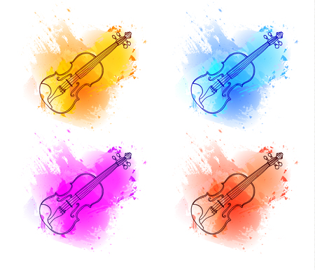 Violin outline drawing, contour line on paint splash abstract background. Isolated on white VECTOR sketchesのイラスト素材
