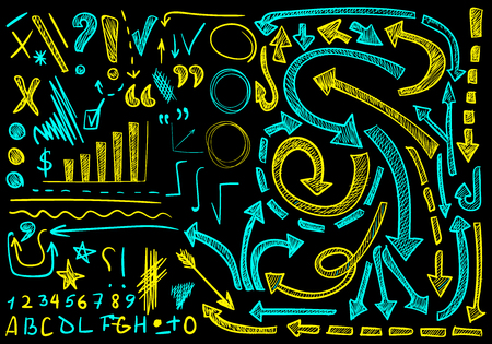 VECTOR big set of hand-sketched icons. Elements for presentation. Cian and yellow colors on black background, chalk drawingsのイラスト素材