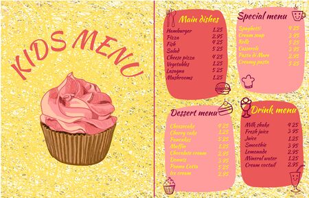KIDS MENU template, colorful VECTOR illustration with drawn cupcake and food. Yellow pink colors.のイラスト素材