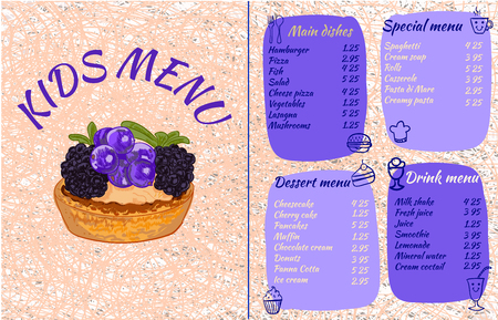 KIDS MENU template, colorful VECTOR illustration with drawn cupcake with currants and blackberries and doodle food. Light orange and purple.のイラスト素材