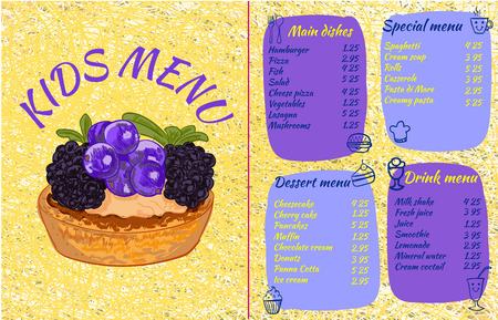 KIDS MENU template, colorful VECTOR illustration with drawn cupcake with currants and blackberries and doodle food. Light yellow and blue.のイラスト素材