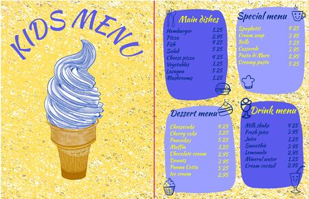 KIDS MENU, VECTOR illustration with hand drawn ice cream and doodle food. Yellow and blue colors.のイラスト素材