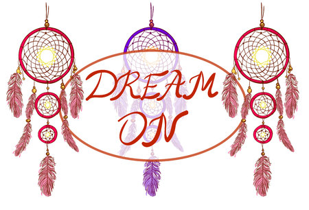 DREAM ON lettering and dreamcatchers. Hand drawn VECTOR illustration. Magenta and purple dream catchers.のイラスト素材