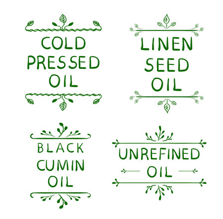Cold pressed oil linen seed oil black cumin oil unrefined oil. Hand drawn typographical elements. Hand written VECTOR letters. Black lines, vignettes.のイラスト素材