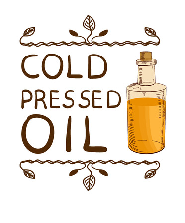 Cold pressed oil and handdrawn bottle with oil. Hand drawn typographical element. Hand written VECTOR letters.のイラスト素材