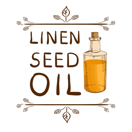 Linen seed oil and handdrawn bottle with oil. Hand drawn typographical element. Written VECTOR letters.のイラスト素材