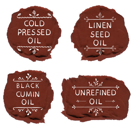 Cold pressed oil linen seed oil black cumin oil unrefined oil. Hand drawn elements on black paint spots. VECTOR letters.のイラスト素材
