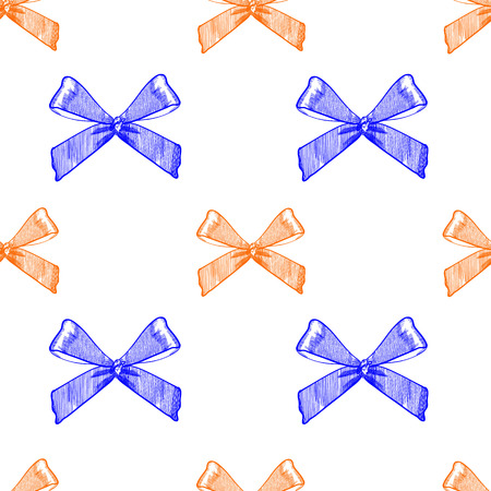 Seamless pattern with sketched bows on white. VECTOR template. Blue and orange bows.のイラスト素材