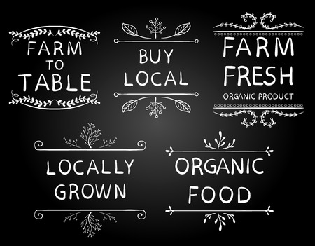A 'Farm to table' 'buy local' 'farm fresh' 'locally grown' 'organic food'. Hand drawn typography elements. VECTOR vignettes on black chalkboard background.のイラスト素材