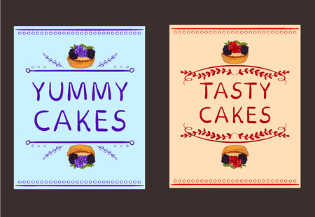  Yummy cakes' and 'Tasty cakes' words with hand drawn elements and hand drawn cupcake. VECTOR vignettes. Card templates. Orange and light blue. Blue and light orange-red.のイラスト素材