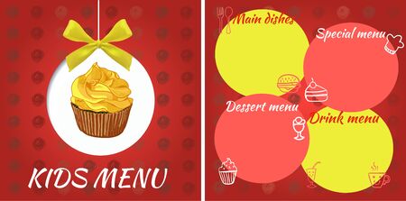 Kids menu template with realistic bow and hand drawn cupcake.のイラスト素材