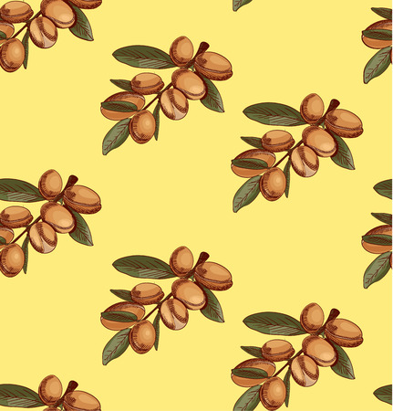 Seamless pattern with hand drawn argan, branch sketch. Colored. VECTOR art, yellow background.のイラスト素材
