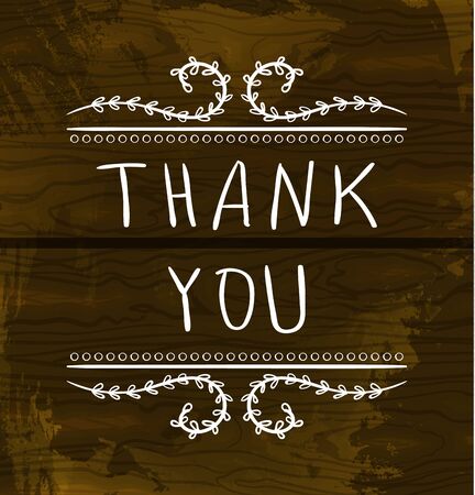 THANK YOU card templates. Big thanks. VECTOR handwritten words with handdrawn vignettes. White lines on textured wooden backgroundのイラスト素材