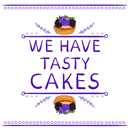 'We have tasty cakes' words with hand drawn elements and hand drawn cupcake. VECTOR vignettes. Purple lines.のイラスト素材