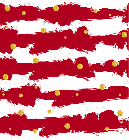Glitter circles on striped abstract background. Golden balls. VECTOR seamless pattern. Red stripes.のイラスト素材
