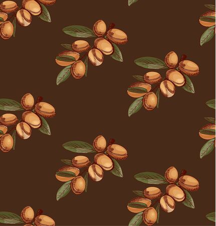 Seamless pattern with hand drawn argan, branch sketch. Colored. VECTOR art, brown background.のイラスト素材