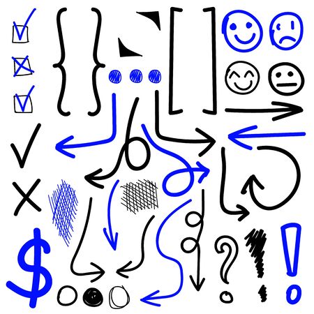 VECTOR set of hand drawn icons. Check, exclamation marks, circles, parentheses, arrows. Black and blue set isolated on white.のイラスト素材