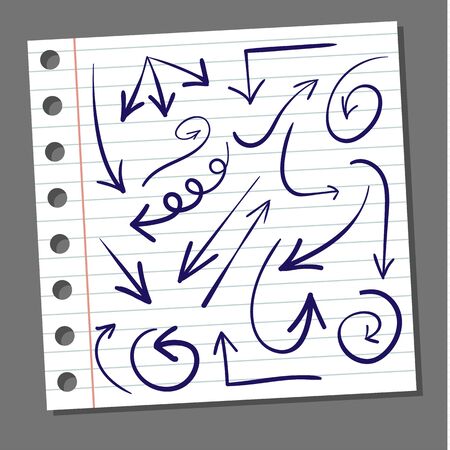 Set of hand drawn arrows. VECTOR. Dark blue arrows on notebook page.のイラスト素材