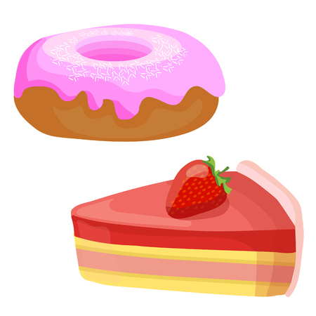 Cakes. Vector illustrations. Strawberry cake slice and donutのイラスト素材