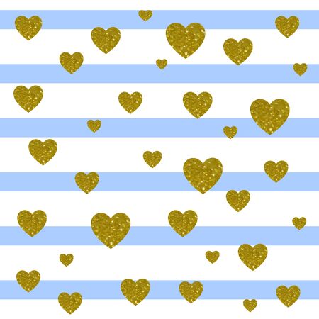 VECTOR. Valentines day card background. Light blue and white stripes and golden heartsのイラスト素材