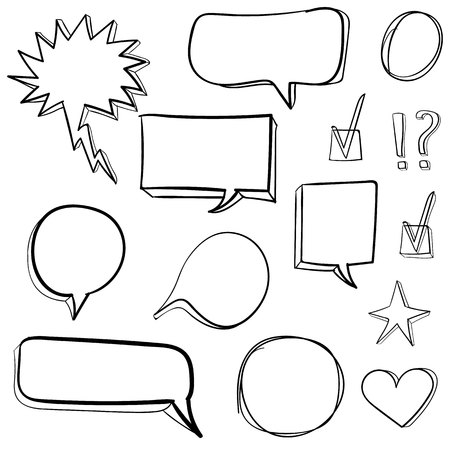 Set od 3d hand drawn icons: check mark, star, heart, speech bubbles. VECTOR. Blackのイラスト素材