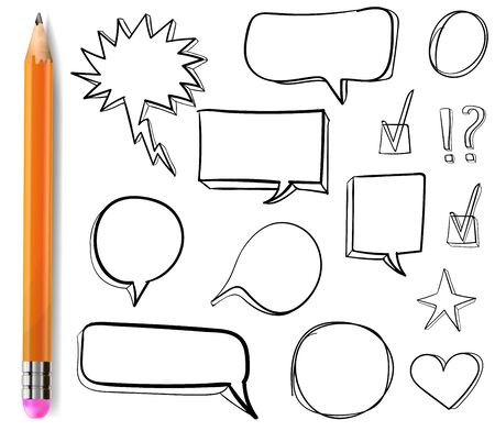 Set of VECTOR 3d drawn icons: check mark, star, heart, speech bubbles, outline drawings with pencil.のイラスト素材