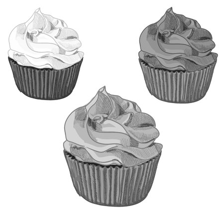 Set of black and white menu icons, vintage, VECTOR illustrations. Cupcakesのイラスト素材