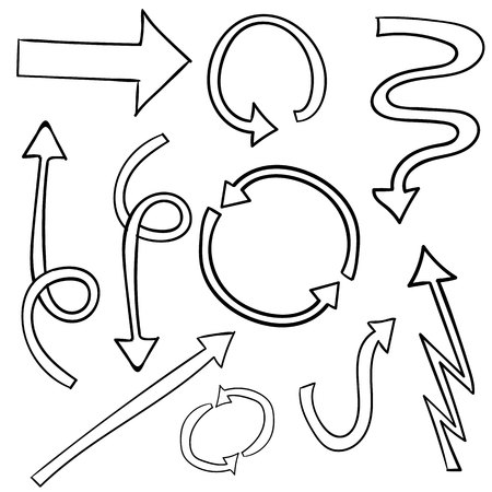 Set of hand drawn 3d arrows. VECTOR set. Doodled arrows isolated on whiteのイラスト素材