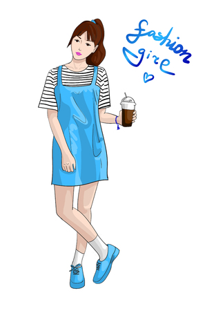 VECTOR hand drawn fashion girl with coffee to go cup in blue dress and sneakers.のイラスト素材