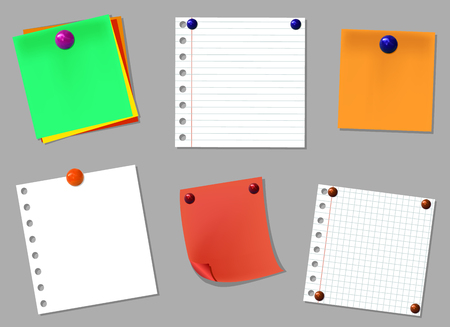 VECTOR design elements set: notebook pages with realistic pin buttons isolated on gray backgroundのイラスト素材