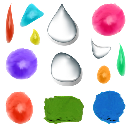 Set of different colors watercolor realistic drops, paint smears and transparent rain water drops.のイラスト素材
