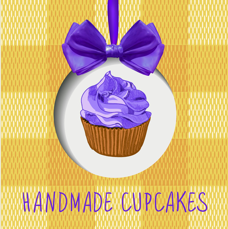 Handmade cupcakes: VECTOR label with hand drawn cupcake, realistic bow and textile texture.のイラスト素材