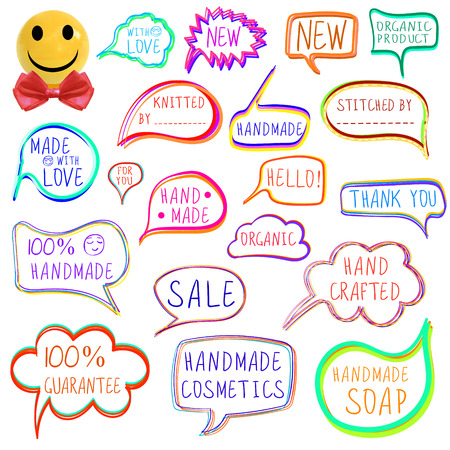 VECTOR set of drawn colorful vector speech and thought bubbles, handmade, with realistic smiley face ball.のイラスト素材