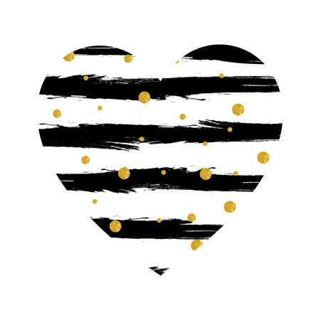 Striped textured heart, hand drawn paint stripes and golden confetti circles.のイラスト素材