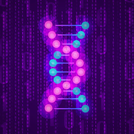 VECTOR flat glittering structure of DNA on binary code stream background.