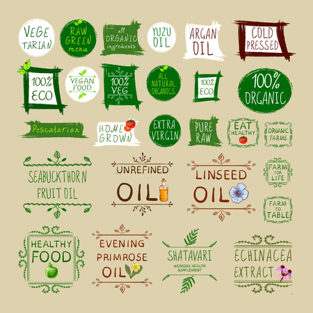Big VECTOR set of different healthy eating labels, isolated stickers set.のイラスト素材