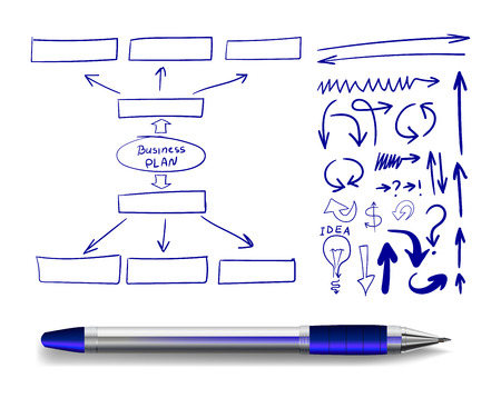 Hand drawn business plan scheme with different elements and realistic pen, drawings, VECTOR illustration.のイラスト素材
