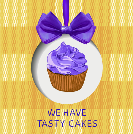 We have tasty cakes hand drawn VECTOR illustration with doodle cupcake, realistic bow and fabric background.のイラスト素材