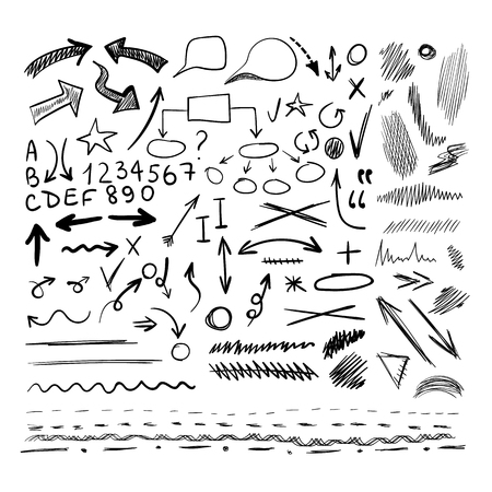 VECTOR collection of hand drawn sketched design elements, black and white, different shapes isolated on white background.のイラスト素材