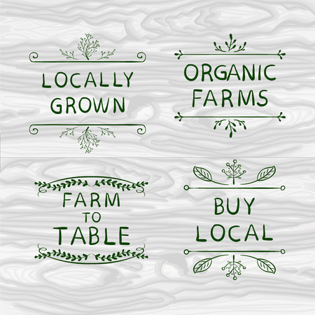 Hand drawn typographic elements: FARM PRODUCT labels, VECTOR template of packaging stickers. Vector Images Set.のイラスト素材