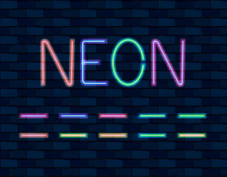 VECTOR collection of Neon Brishes, different color, Neon Lamps on dark wall background.のイラスト素材