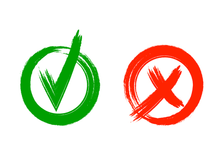 Check and cross VECTOR grunge style marks isolated on white background: Yes and No, graphic icons, colored green and red symbols.のイラスト素材