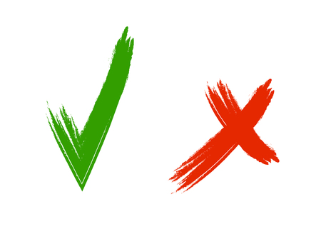 Check and cross VECTOR grunge style marks isolated on white background: Yes and No, graphic icons, colored symbols.のイラスト素材