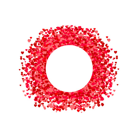 Vector circle frame, heart shape confetti, pile of hearts, romantic background. Pink and red paper hearts. Isolated on white background template.のイラスト素材