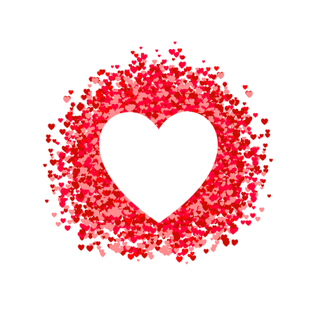 Vector heart shaped frame, heart shape confetti, pile of hearts, romantic background. Pink and red paper hearts on white background.のイラスト素材
