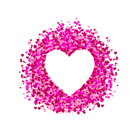 VECTOR heart frame, heart shape confetti, pile of hearts, romantic background, pink and red paper hearts. White Background.のイラスト素材