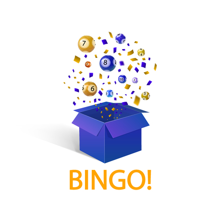 Bingo lottery balls, VECTOR illustration, open box and word: 'BINGO', Winner concept, Isolated on White Box.のイラスト素材