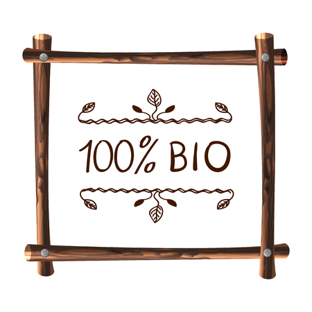 Wooden VECTOR Frame On White Background, Natural Frame Template with Handwritten Words: 100 bio.のイラスト素材